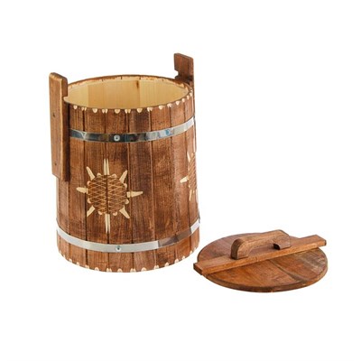 Кадка из липы, 10л, нержавеющий обруч, с крышкой, крашеная резная, "Добропаровъ" - фото 1355914