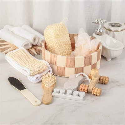 Набор банный, 8 предметов: 3 мочалки, пемза, массажёр, расчёска, полировка, спонж для педикюра - фото 1432758