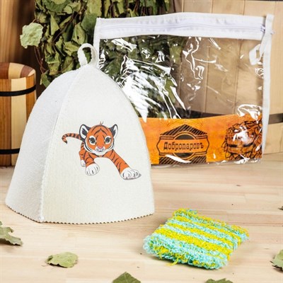 Набор для бани детский "Тигр" в косметичке: шапка с принтом, мочалка - фото 1667548