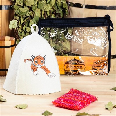 Набор для бани детский "Тигр" в косметичке: шапка с принтом, мочалка - фото 1667550