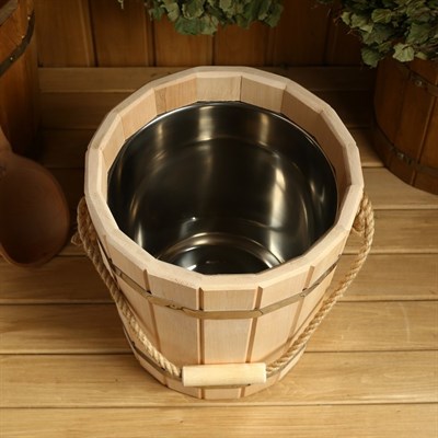 Ведро из липы, 10л, нержавеющая вставка, ручка-веревка - фото 1669602