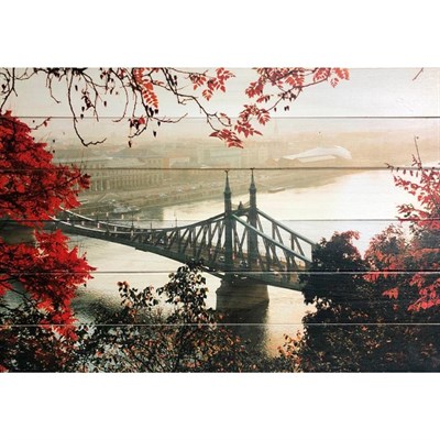 Картина для бани "Взгляд из осеннего леса на городской мост", МАССИВ, 40×60 см - фото 1676077
