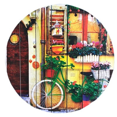 Картина для бани круглая "Велосипед на фоне яркой сувенирной лавки", МАССИВ, 40×40 см - фото 1676092