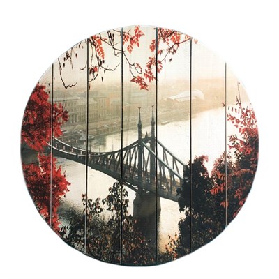 Картина для бани круглая "Красная листва. Стальной мост", МАССИВ, 40×40 см - фото 1676097
