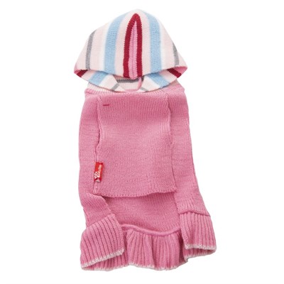 Платье вязаное с полосатым капюшоном, ДС 30 см, розовое - фото 2021560