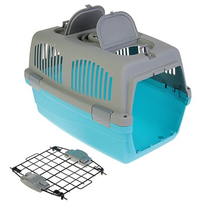 Переноска с 2 люками и креплением для наплечного ремня, 58 х 37 х 37, до 10 кг, серо-голубая - фото 2023193