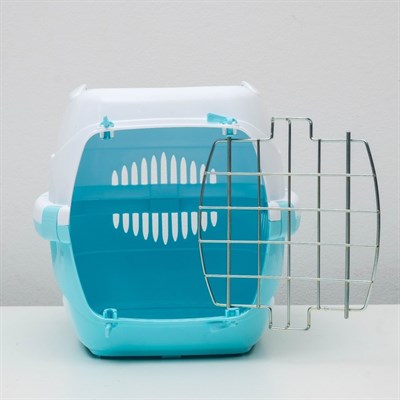 Переноска для животных до 9 кг "Пижон", металлическая дверь, 43 х 29 х 27,5 см, бело-голубая - фото 2023311