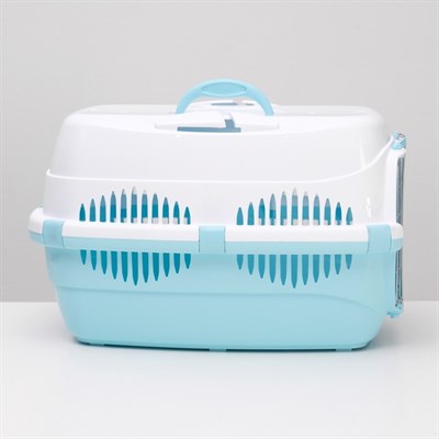 Переноска для животных до 12 кг "Пижон" 49х33х32см, металлическая дверь, бело-голубая - фото 2023419