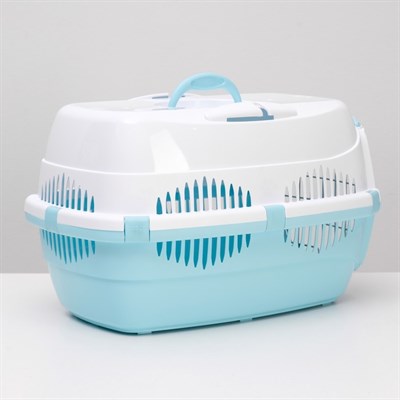 Переноска для животных до 12 кг "Пижон" 49х33х32см, металлическая дверь, бело-голубая - фото 2023420