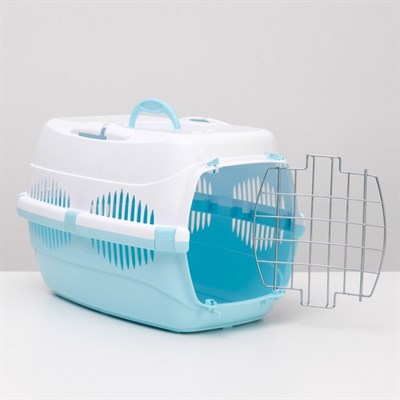 Переноска для животных до 12 кг "Пижон" 49х33х32см, металлическая дверь, бело-голубая - фото 2023426