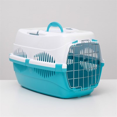 Переноска для животных до 12 кг "Пижон" 49х33х32см, металлическая дверь, бело-бирюзовая - фото 2023438