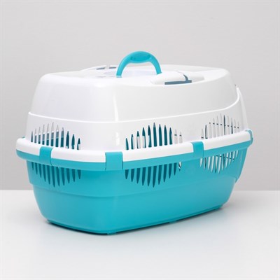 Переноска для животных до 12 кг "Пижон" 49х33х32см, металлическая дверь, бело-бирюзовая - фото 2023440