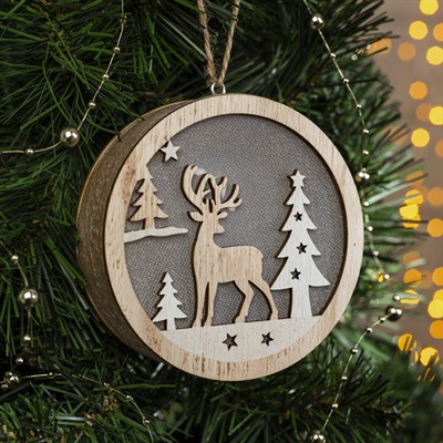 Подвеска световая  шар "Олень в лесу", 11х11х3 см, 4 LED, бат.(не в комп), Т/БЕЛЫЙ - фото 2029439