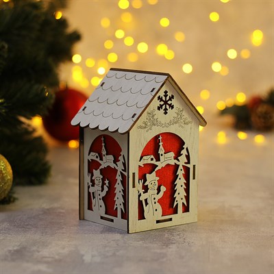 Подвеска световая "Домик со Снеговиком", 11х15х8 см, 1 LED, бат(в комп),красное окно,Т/БЕЛЫЙ - фото 2029552