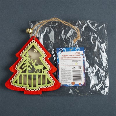 Подвеска световая "Елочка новогодняя красная", 10х10х2 см, 3 LED, бат(в комп) Т/БЕЛЫЙ - фото 2029660