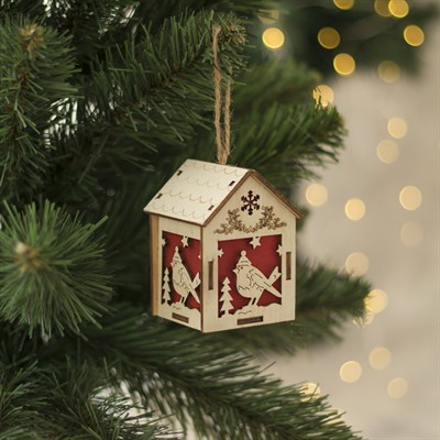 Подвеска световая "Домик с Птицей", 8х5х6 см, 1 LED, бат.(в комп), красное окно, Т/БЕЛЫЙ - фото 2029890