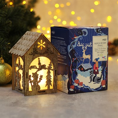 Подвеска световая "Домик со Снеговиком", 11х15х8 см, 1 LED, бат.(в комп), серое окно,Т/БЕЛЫЙ - фото 2029896