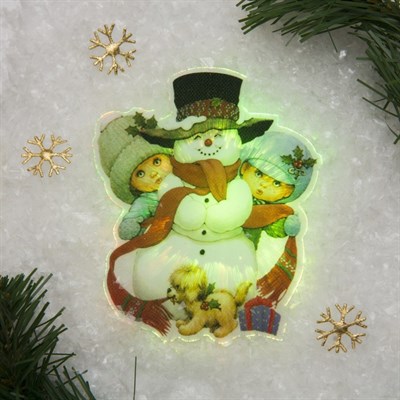 Световая картинка на присоске "Снеговик с детьми"(батарейки в комплекте), 1 LED, RGB - фото 2030737