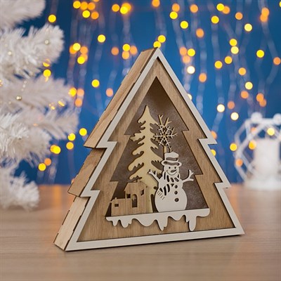Фигура деревянная "Ёлка и снеговик", 20х20х4 см, 2*AA (не в компл.) 5 LED, Т/БЕЛЫЙ - фото 2031195
