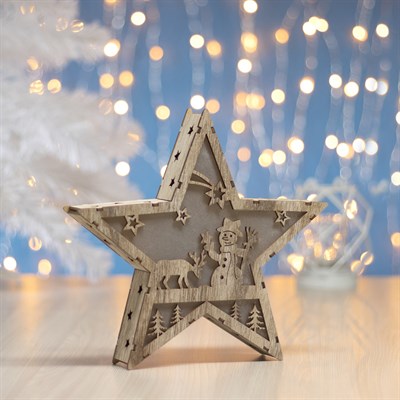 Фигура деревянная "Звезда со Снеговиком", 22х22х4 см, 2*AАA (не в компл.) 6 LED, серый фон - фото 2031604