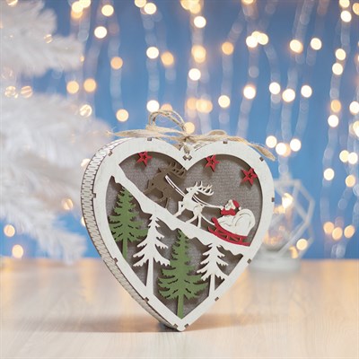 Фигура деревянная "Сердце Сани с Оленями", 19х19х3.5 см, 2*AA (не в компл.) 5 LED, белое - фото 2031616