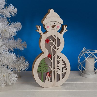 Фигура деревянная "Снеговик в шапочке", 29х15х2.5 см, 2*AA (не в компл.) 5 LED, Т/БЕЛЫЙ - фото 2031693