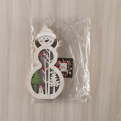 Фигура деревянная "Снеговик в шапочке", 29х15х2.5 см, 2*AA (не в компл.) 5 LED, Т/БЕЛЫЙ - фото 2031695