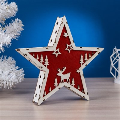 Фигура деревянная "Звезда Олень", 22х22х4 см, 2*AАA (не в компл.) 6 LED, красный фон - фото 2032076