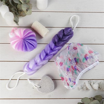 Набор банный, 6 предметов: 3 мочалки, полотенце, пемза, шапочка для душа, цвет МИКС - фото 2061048