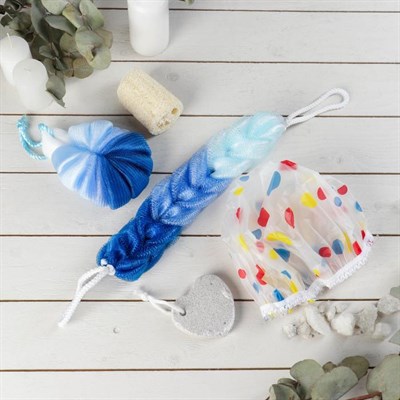 Набор банный, 6 предметов: 3 мочалки, полотенце, пемза, шапочка для душа, цвет МИКС - фото 2061052