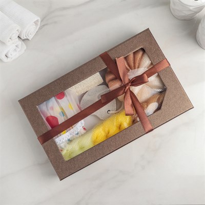 Набор банный, 6 предметов: 3 мочалки, полотенце, пемза, шапочка для душа, цвет МИКС - фото 2061056