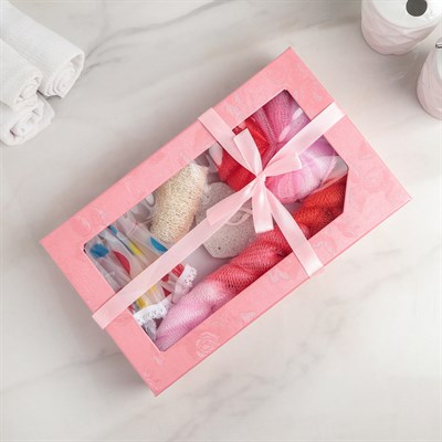 Набор банный, 6 предметов: 3 мочалки, полотенце, пемза, шапочка для душа, цвет МИКС - фото 2061058