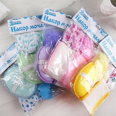 Набор банный 4 предмета: 3 мочалки, шапочка для душа, цвет МИКС - фото 2061060