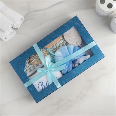 Набор банный, 6 предметов: 3 мочалки, полотенце, пемза, расчёска, цвет МИКС - фото 2061104