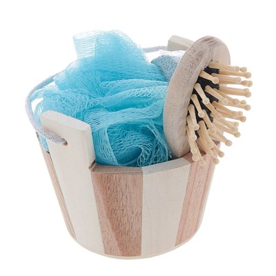 Набор банный в деревянном ушате 3 предмета: мочалка-бант, пемза, расческа - фото 2061111