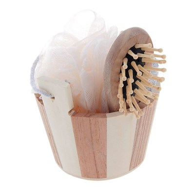 Набор банный в деревянном ушате 3 предмета: мочалка-бант, пемза, расческа - фото 2061112