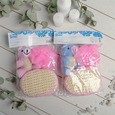 Набор банный 3 предмета: игрушка-мочалка, губка, мочалка, цвет розовый - фото 2061117