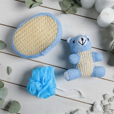 Набор банный 3 предмета: игрушка-мочалка, губка, мочалка, цвет синий - фото 2061118
