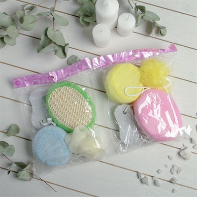 Набор банный, 4 предмета: 3 мочалки, пемза, цвет МИКС - фото 2061122