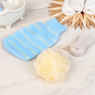 Набор банный, 3 предмета: 2 мочалки, пемза, цвет МИКС - фото 2061169