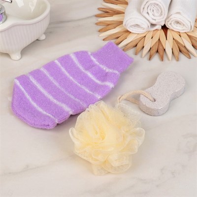 Набор банный, 3 предмета: 2 мочалки, пемза, цвет МИКС - фото 2061170