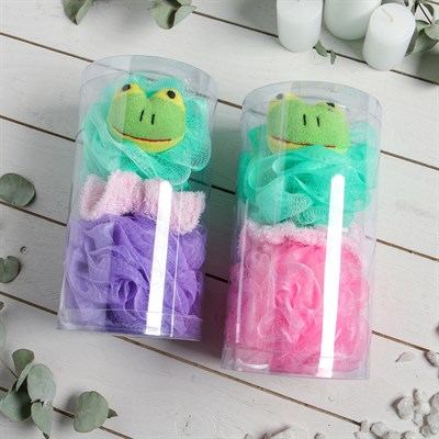 Набор банный детский в тубе "Лягушка", 3 предмета: 2 мочалки, резинка для волос - фото 2061203