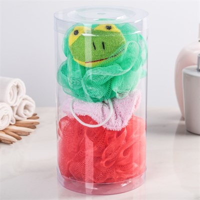 Набор банный детский в тубе "Лягушка", 3 предмета: 2 мочалки, резинка для волос - фото 2061204
