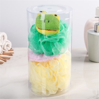 Набор банный детский в тубе "Лягушка", 3 предмета: 2 мочалки, резинка для волос - фото 2061205