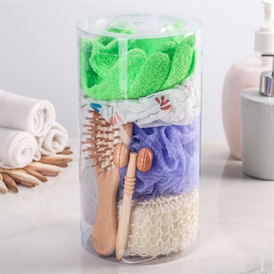 Набор банный в сумке, 9 предметов: 4 мочалки, щётка, пемза, шапочка, расческа, массажёр - фото 2061214