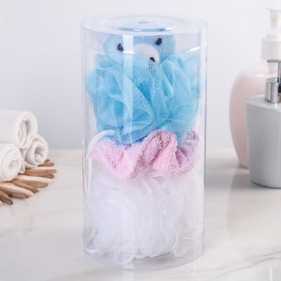 Набор банный детский в тубе "Мишка", 3 предмета: 2 мочалки, резинка для волос - фото 2061224