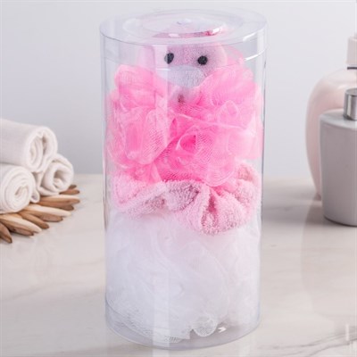 Набор банный детский в тубе "Зайчик", 3 предмета: 2 мочалки, резинка для волос - фото 2061227