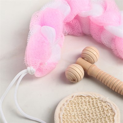 Набор банный, 4 предмета: мочалка 2 шт, расчёска, массажёр - фото 2061240