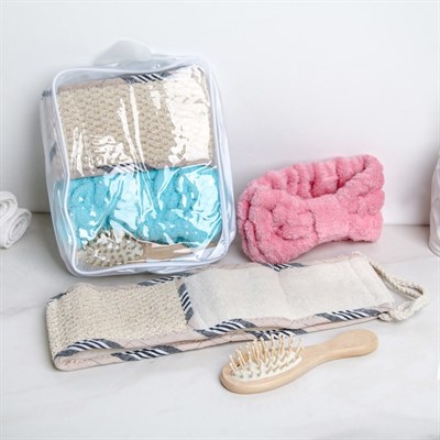 Набор банный в сумке, 3 предмета: мочалка, расчёска, повязка на голову, цвет МИКС - фото 2061245