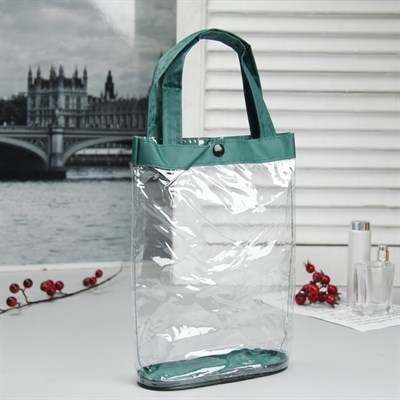 Косметичка ПВХ, отдел на кнопке, 2 ручки, цвет зелёный - фото 2061284